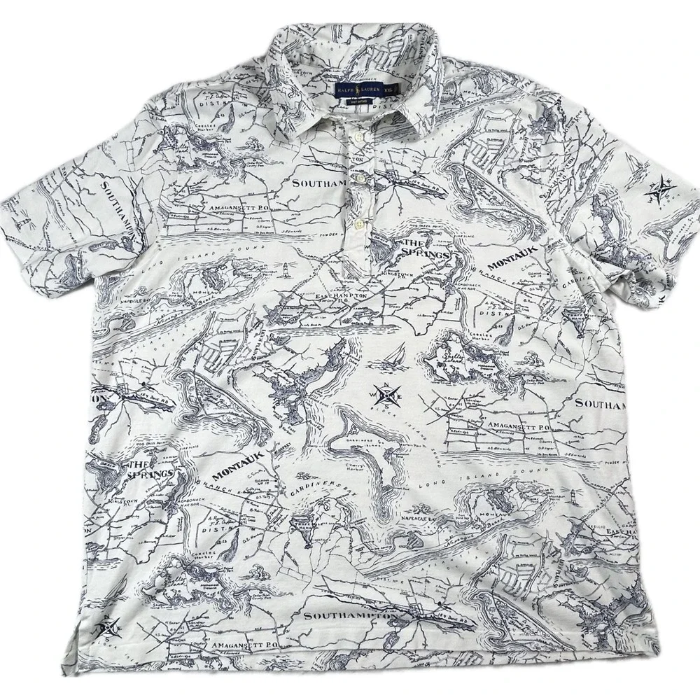 Ralph Lauren Hamptons Map Knit Oxford Polo Shirt XXL Montauk Southampton Blue